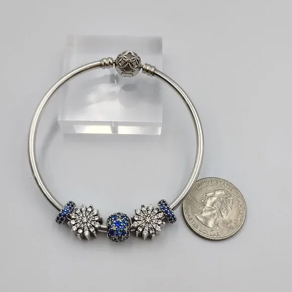 Pandora Sterling 925 Pattern Of Love Bangel Bracelet 5 Charms Clear & Blue CZ